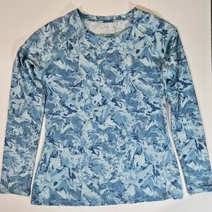 Reel Legends Performance Shirt Womens Large Blue Ocean Water Pattern Fishing Tee